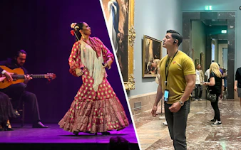 Visitors viewing paintings inside Prado Museum, Madrid.