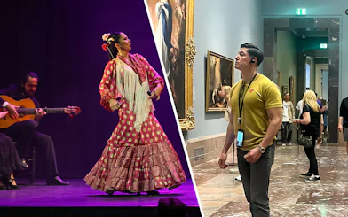 Visitors viewing paintings inside Prado Museum, Madrid.