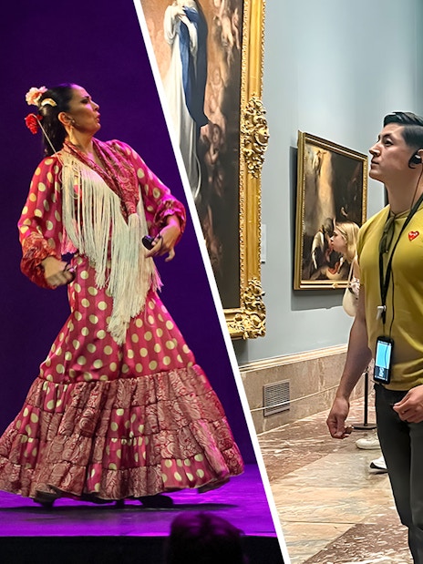 Visitors viewing paintings inside Prado Museum, Madrid.