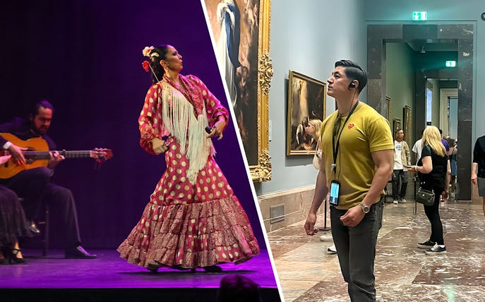 Visitors viewing paintings inside Prado Museum, Madrid.