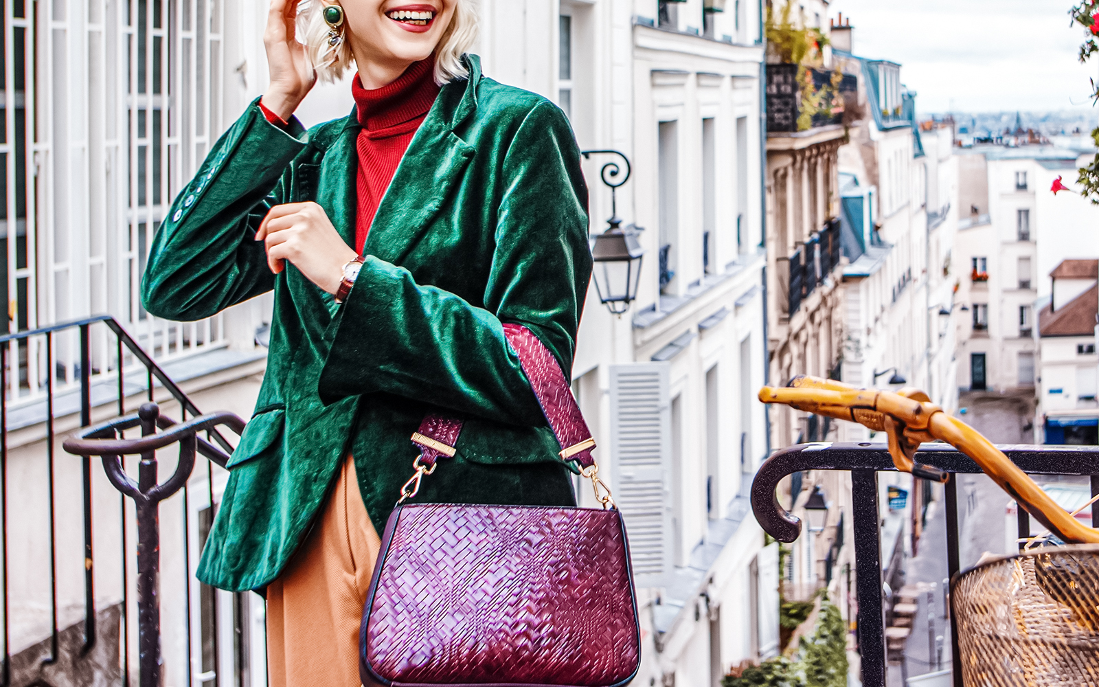 Woman with antique leather bag