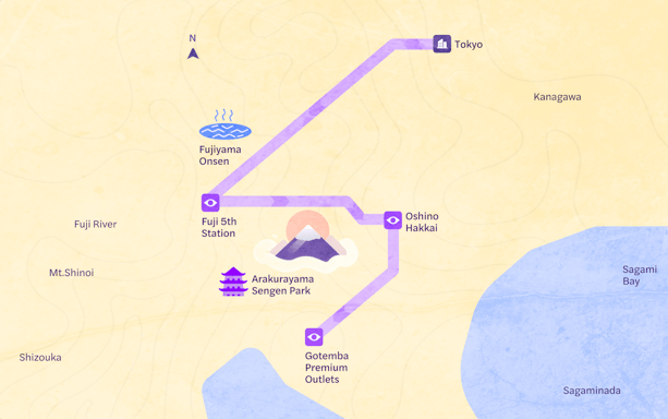 Map of Full-Day Guided Tour including Mount Fuji, Oshino Hakkai, Fujiyama Onsen, and Gotemba Outlets.