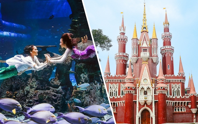 Mermaids performing underwater at Jakarta Aquarium Safari.