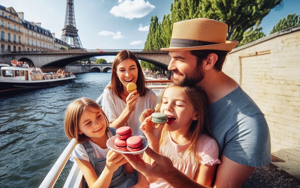 Family enjoying macarons on a Seine River cruise with Eiffel Tower in the background.