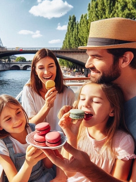 Family enjoying macarons on a Seine River cruise with Eiffel Tower in the background.