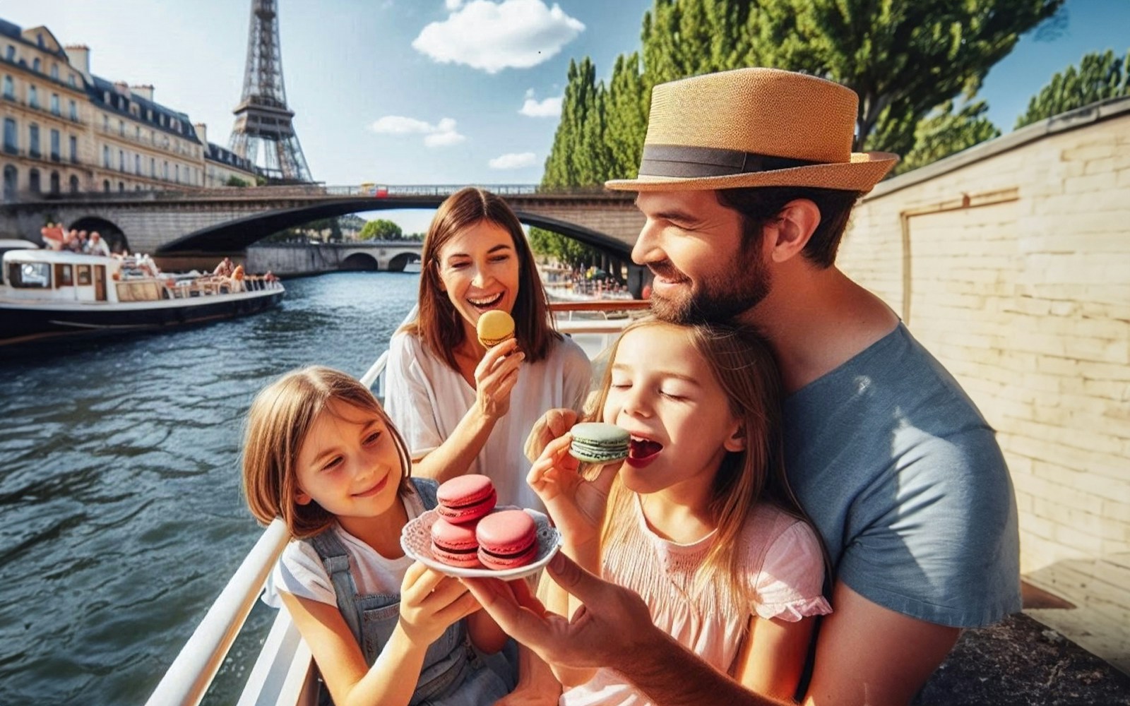 Seine River cruise boat near Eiffel Tower, Paris, with passengers enjoying macaron tasting.