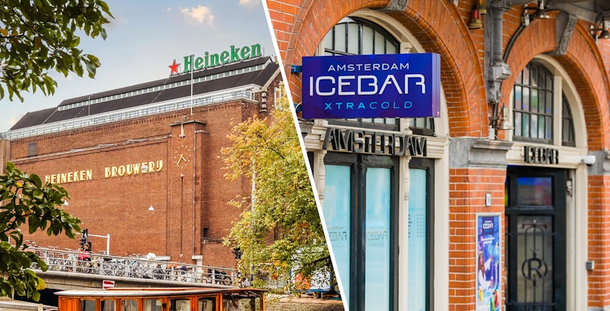 Heineken Brewery and Xtracold Icebar entrances in Amsterdam.