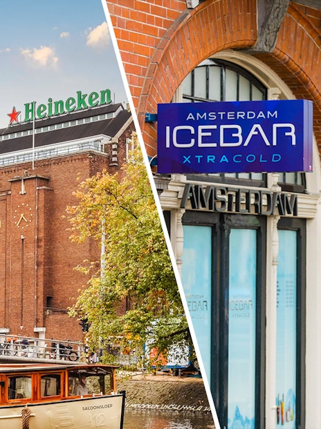 Heineken Brewery and Xtracold Icebar entrances in Amsterdam.