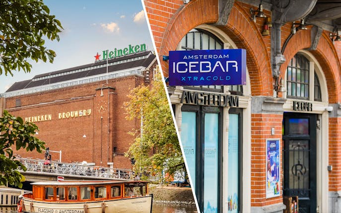 Heineken Brewery and Xtracold Icebar entrances in Amsterdam.