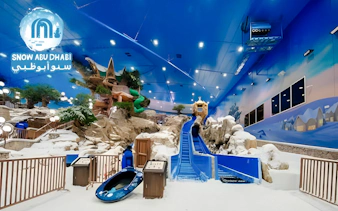 Indoor snow park with slides and snow-covered landscape, Snow Abu Dhabi, UAE.