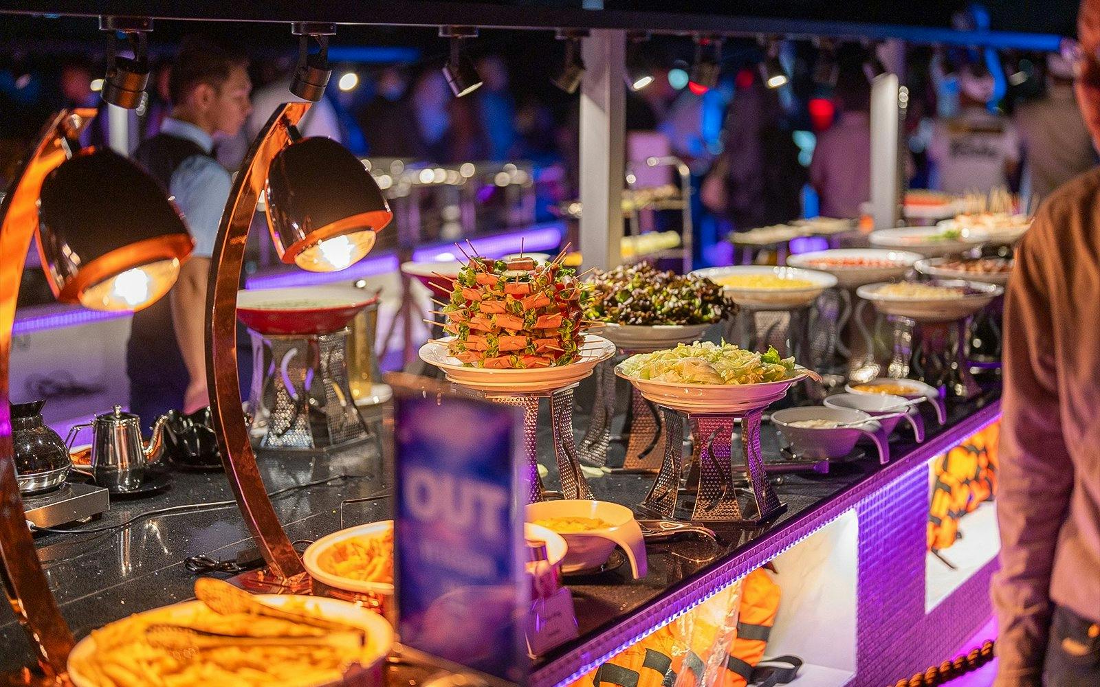 Buffet spread on Super Galaxy Luxury Chao Phraya River Dinner Cruise.