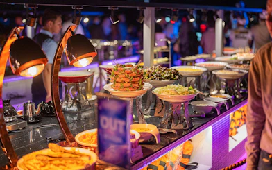Buffet spread on Super Galaxy Luxury Chao Phraya River Dinner Cruise.