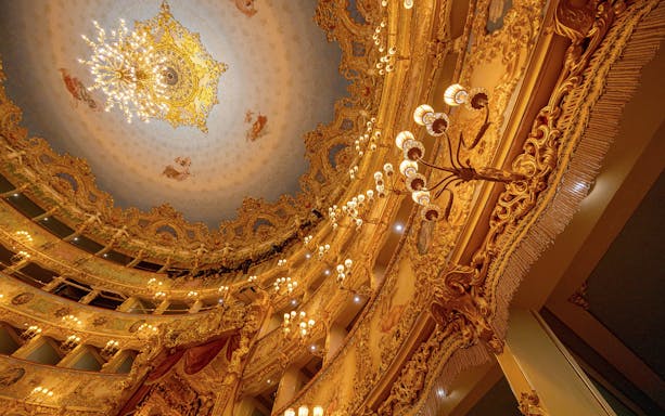 Teatro La Fenice Venice theatre ceiling with ornate chandeliers and detailed gold interior.
