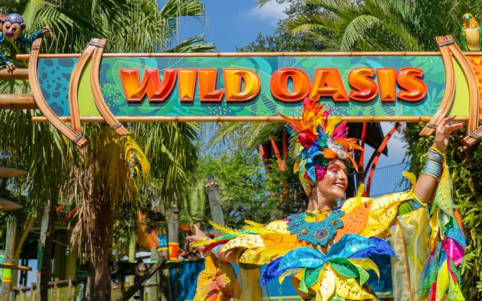 Performer in colorful costume at Wild Oasis, Busch Gardens Tampa Bay.