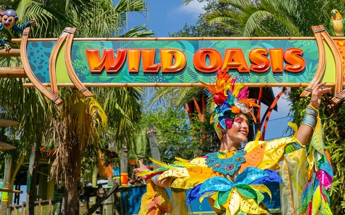 Performer in colorful costume at Wild Oasis, Busch Gardens Tampa Bay.