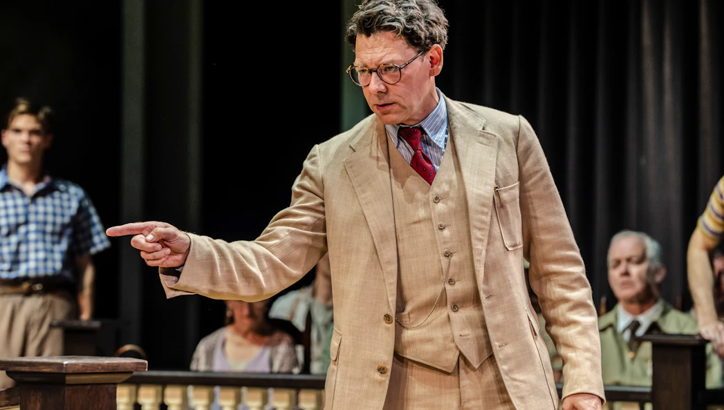 Actor in courtroom scene from "To Kill a Mockingbird" West End show.