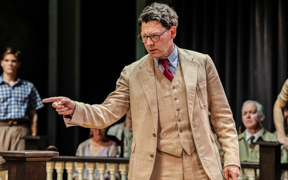 Actor in courtroom scene from "To Kill a Mockingbird" West End show.