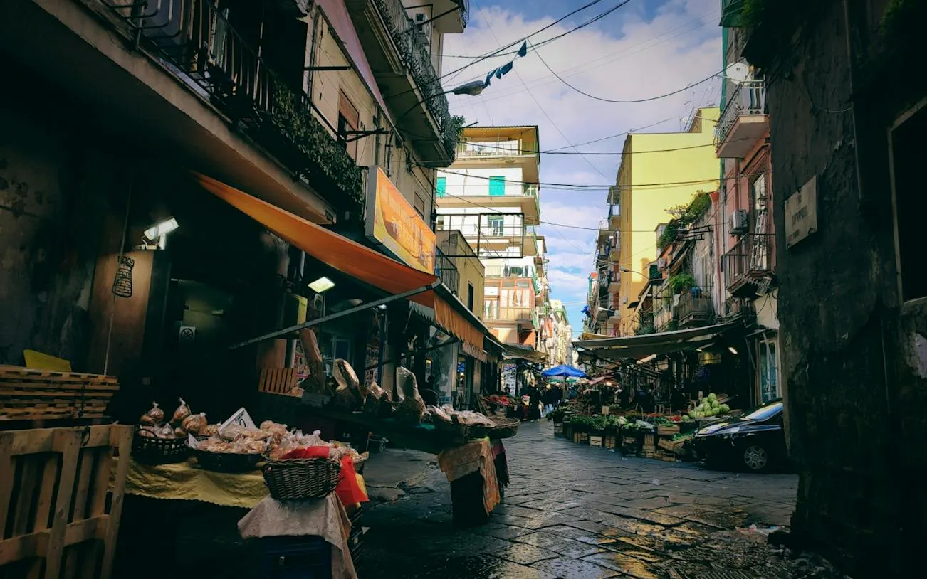 Naples street market with local produce, part of the Curse of Naples Mafia Secrets tour.