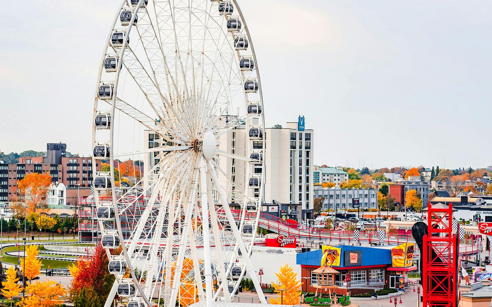 Ferris wheel at Niagara Falls with cityscape and autumn trees.