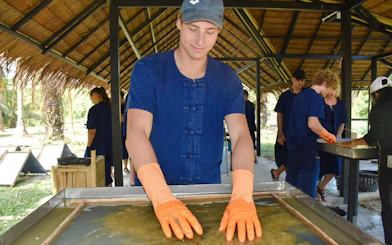 Man participating in elephant poo paper workshop in Krabi, Thailand.