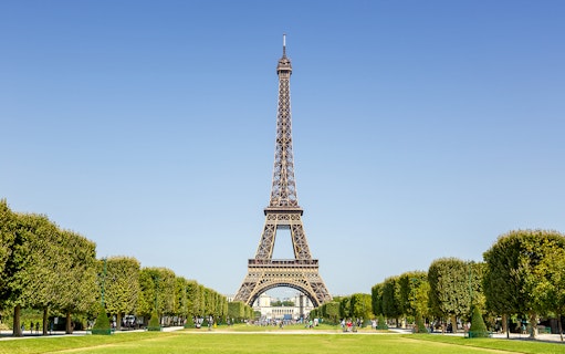 Eiffel Tower with surrounding gardens in Paris, France.