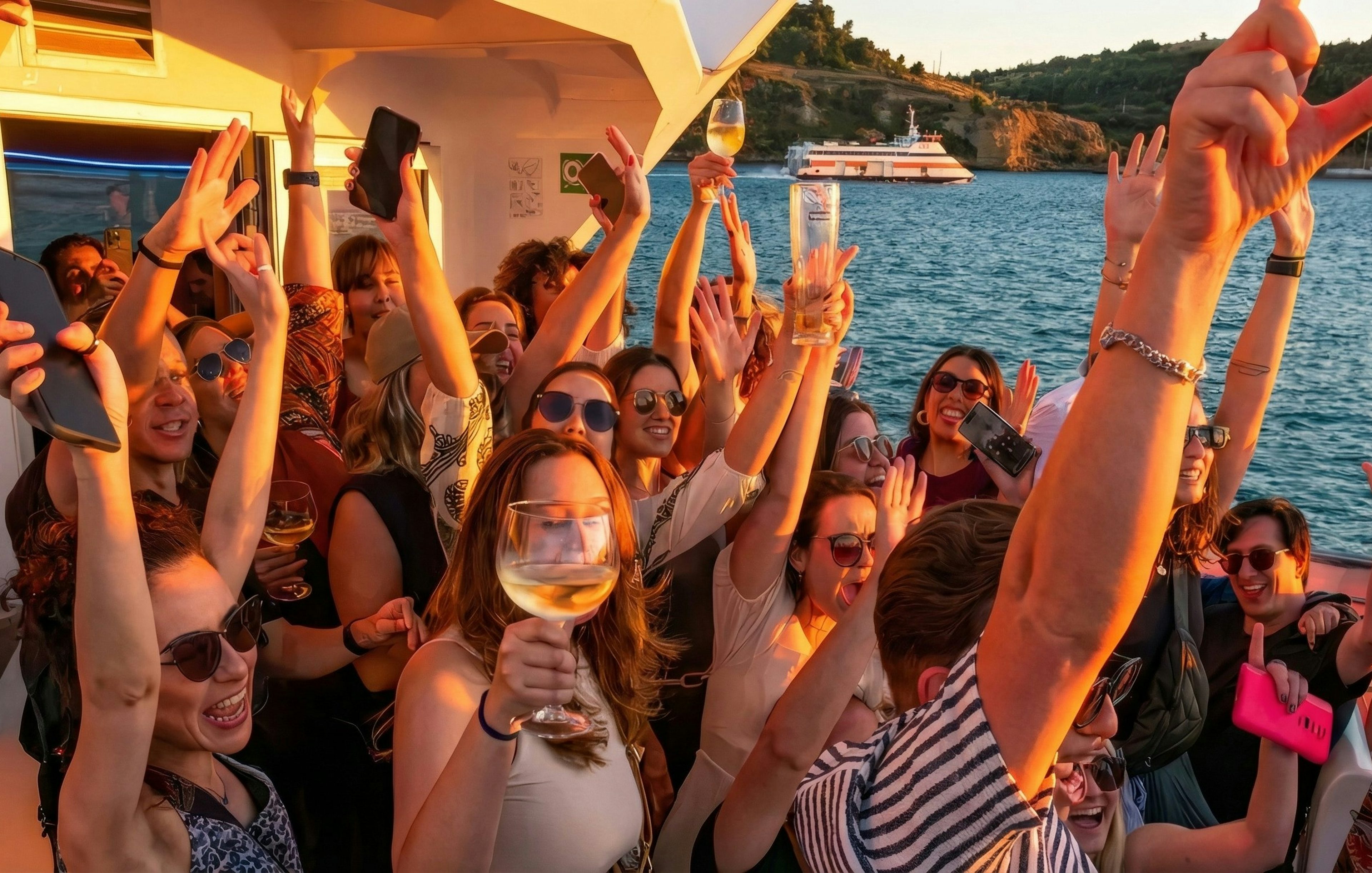 Guests dancing and enjoying a DJ performance on a Lisbon sunset party cruise with open bar.