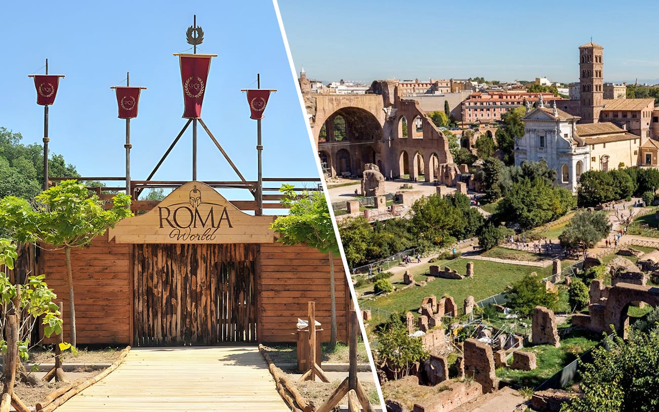 Roma World entrance and view of Roman Forum and Palatine Hill in Rome.
