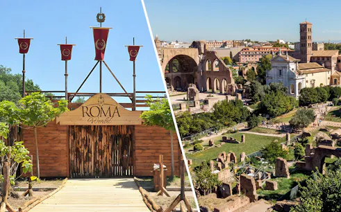 Roma World entrance and view of Roman Forum and Palatine Hill in Rome.