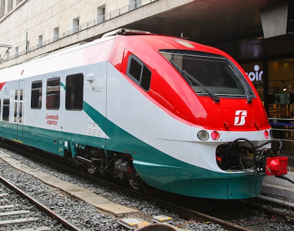 Leonardo Express train at Rome Termini station platform.