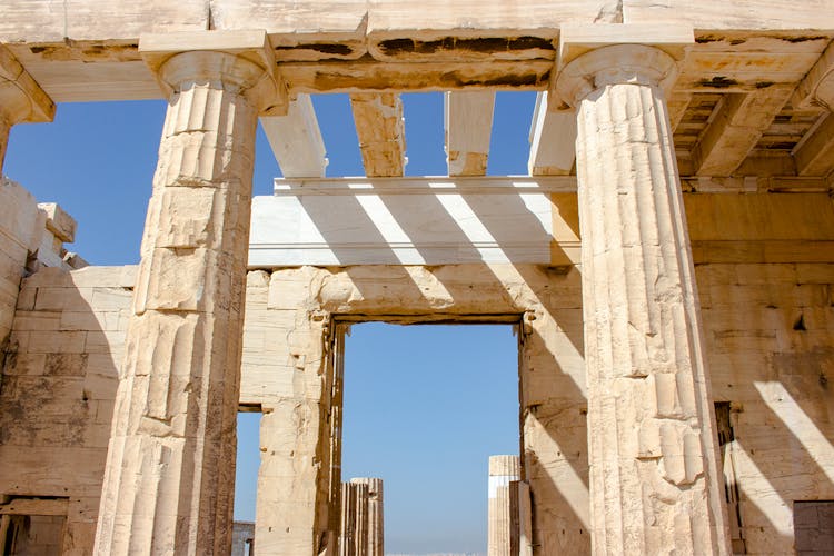 Propylaea's coffered ceiling and columns at the Acropolis, Athens.