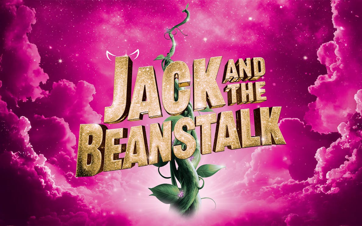 Jack and the Beanstalk West End show poster with beanstalk and pink sky.