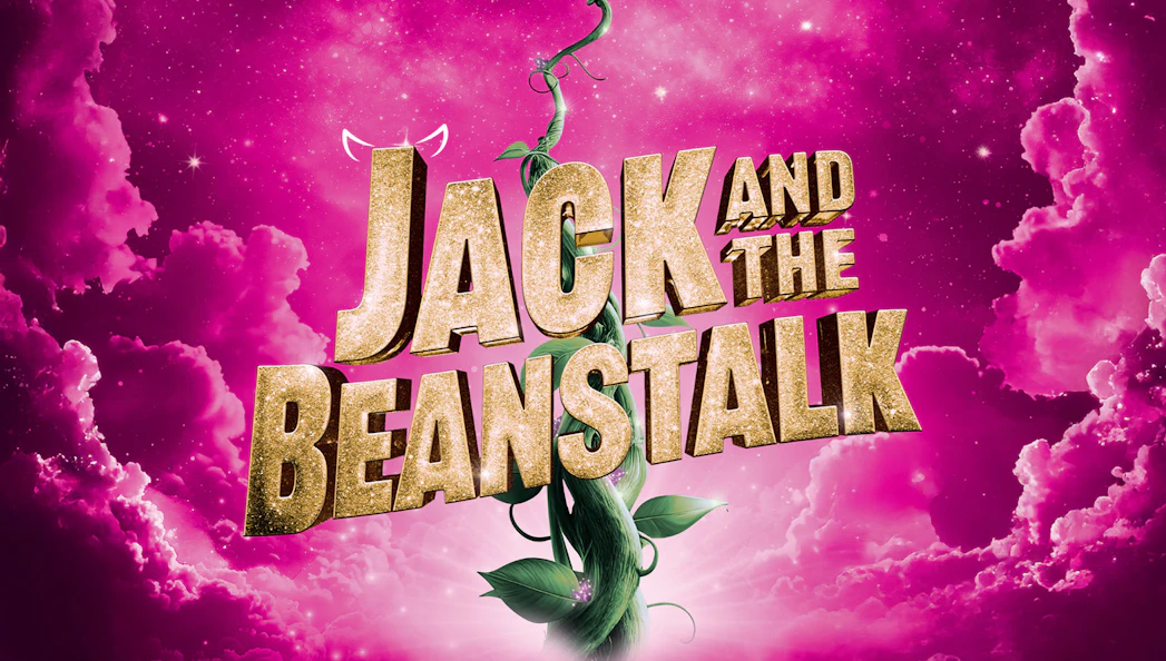 Jack and the Beanstalk West End show poster with beanstalk and pink sky.