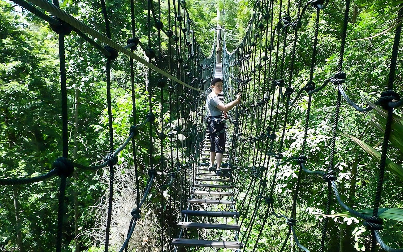 Person crossing a rope bridge at SKYTREX Adventure Sungai Congkak, Kuala Lumpur.