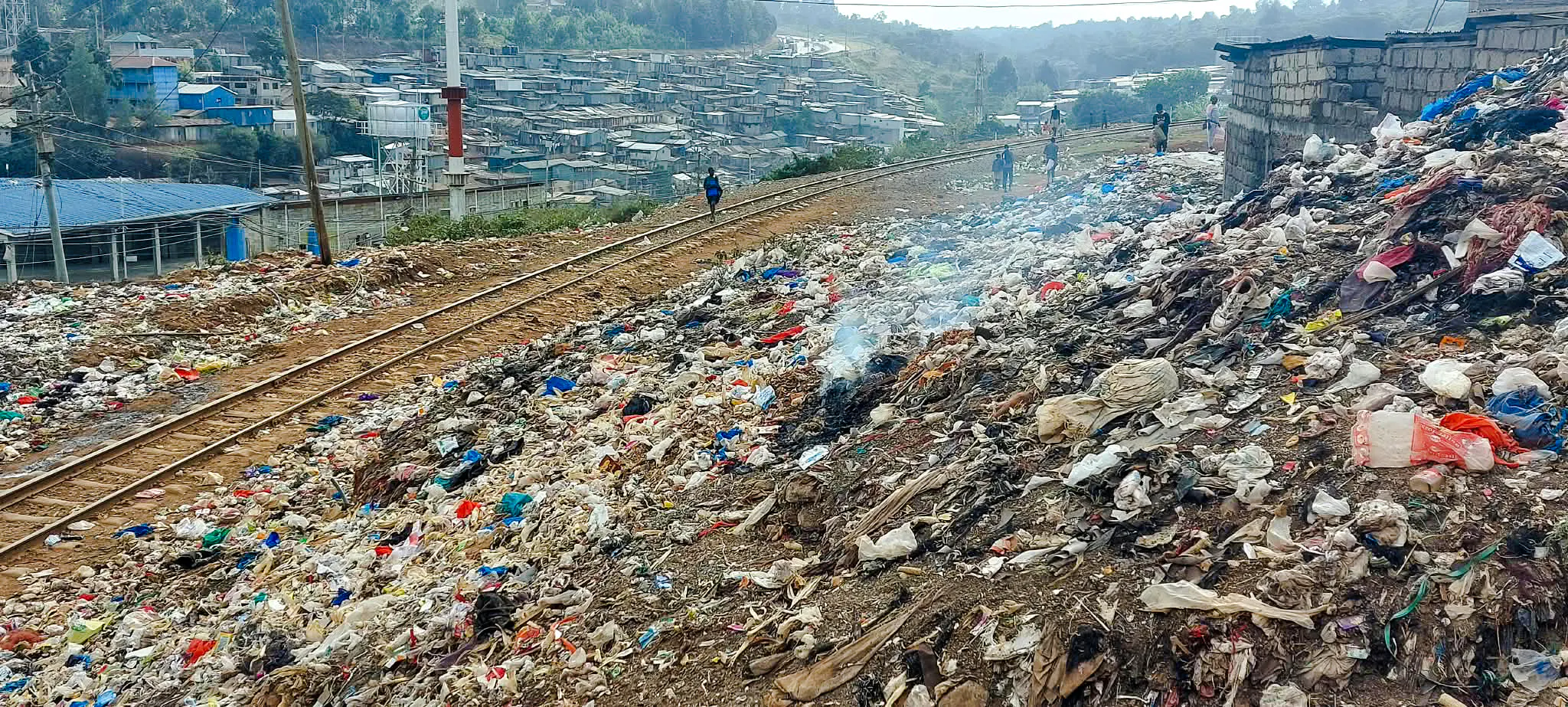 Railway tracks through Kibera with surrounding informal settlements, Nairobi.