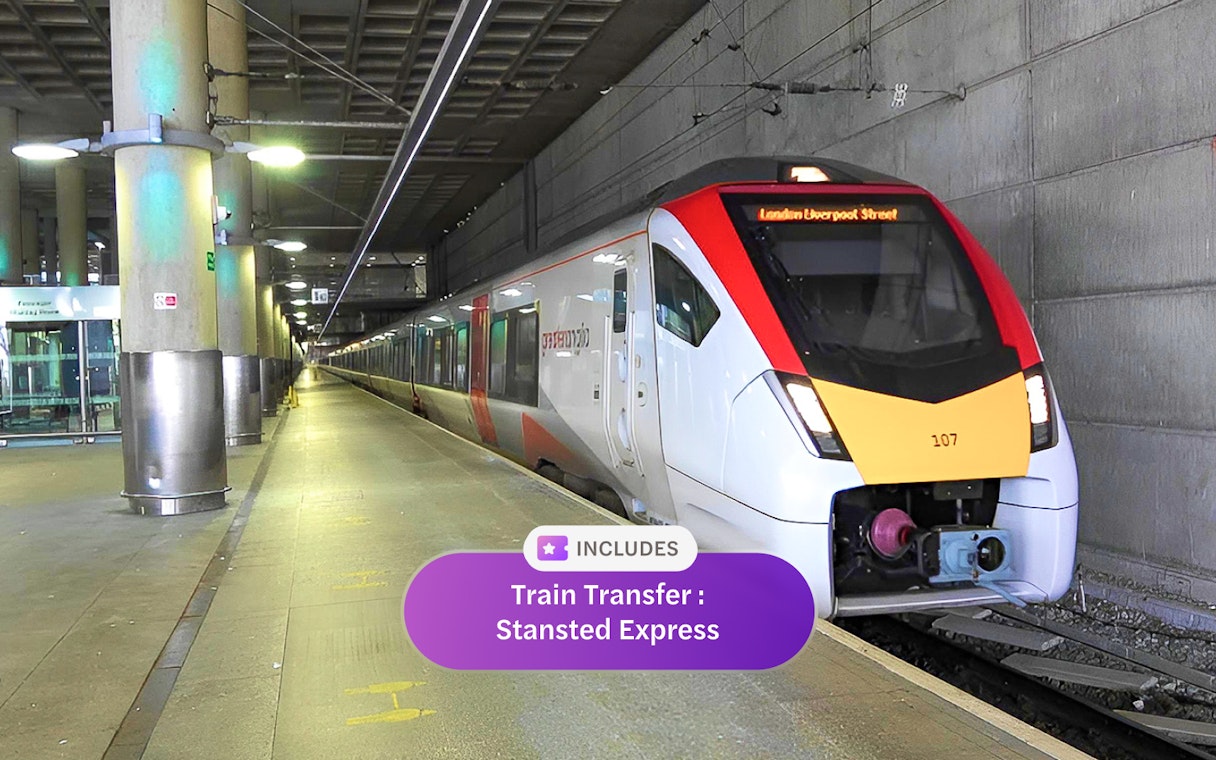 Stansted Express train arriving at London Liverpool Street station.