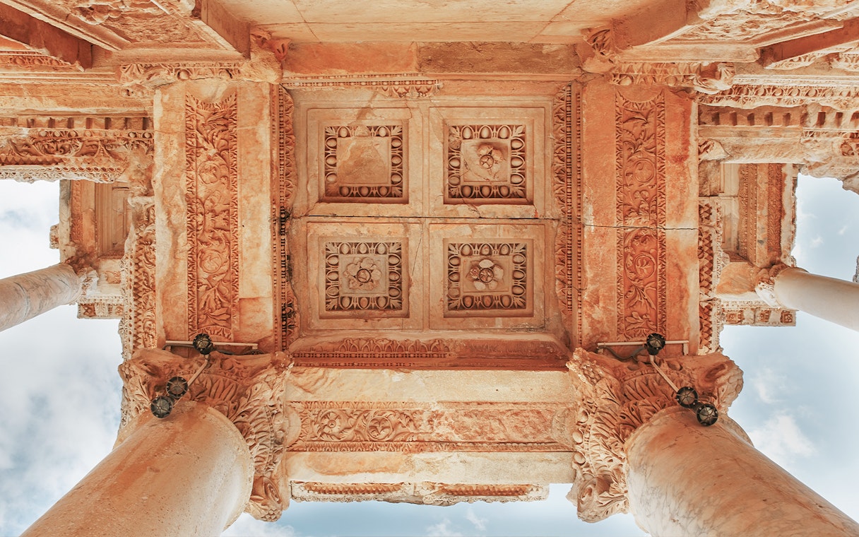 Ceiling of the Library of Celsus in Ephesus, Turkey, viewed from below.