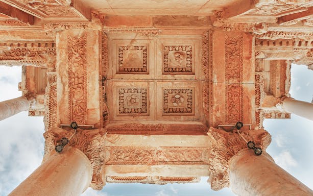 Ceiling of the Library of Celsus in Ephesus, Turkey, viewed from below.