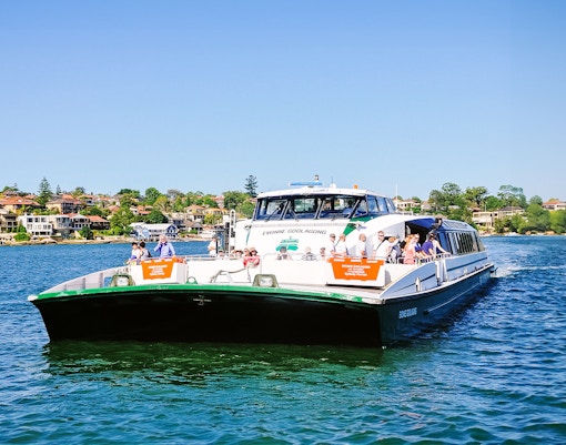 Sydney ferry on the water with passengers, cityscape in the background.