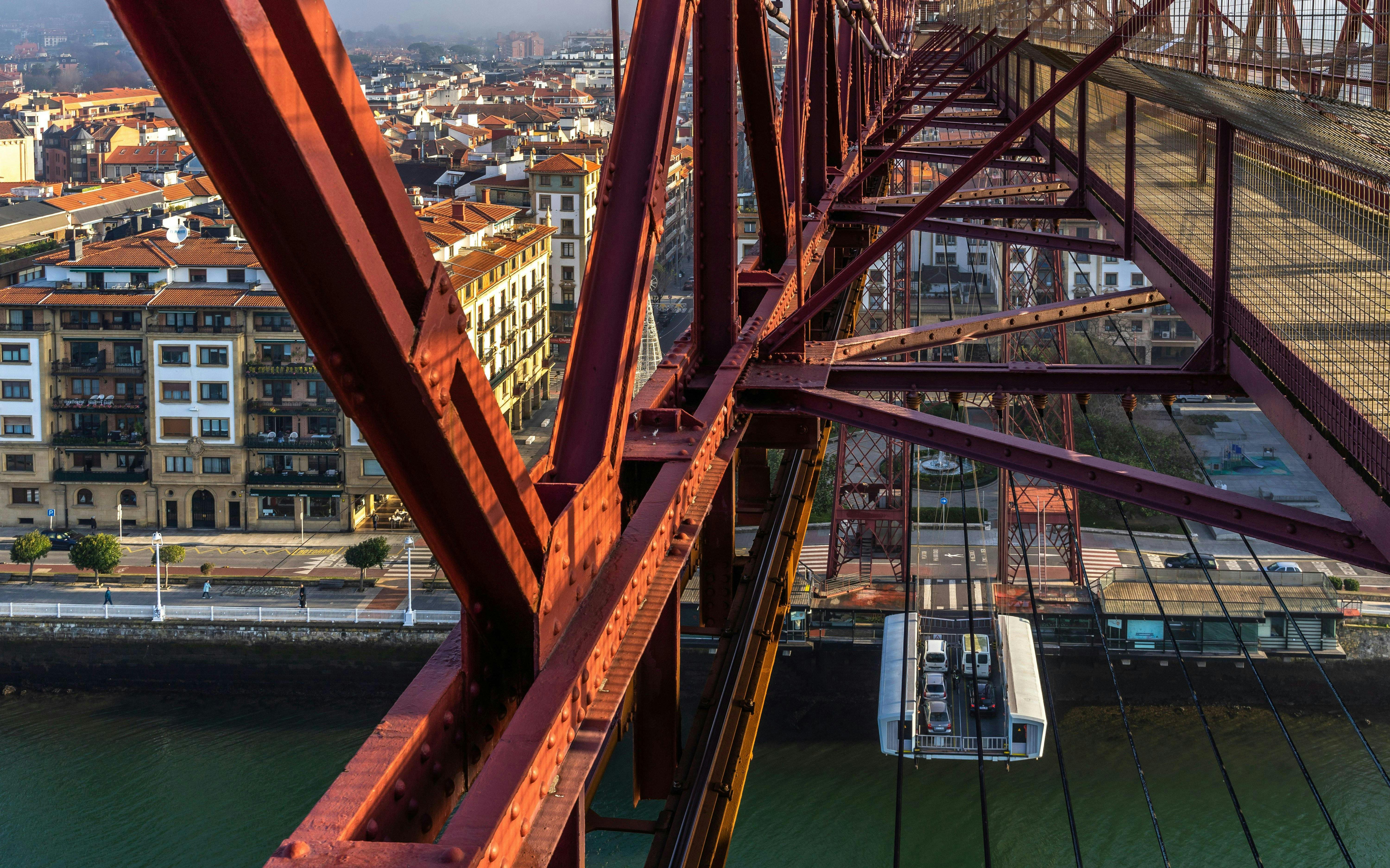 Gondola of Vizcaya Bridge transporting cars and passengers, Portugalete, Basque Country, Spain.