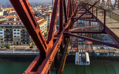 Gondola of Vizcaya Bridge transporting cars and passengers, Portugalete, Basque Country, Spain.