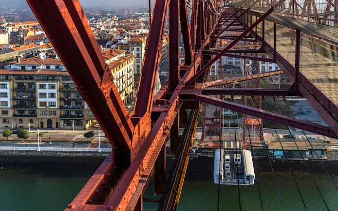 Gondola of Vizcaya Bridge transporting cars and passengers, Portugalete, Basque Country, Spain.
