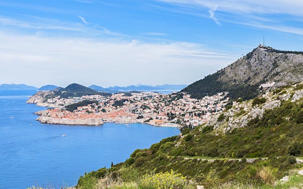 Dubrovnik cityscape and coastline viewed from Park Orsula, Croatia.