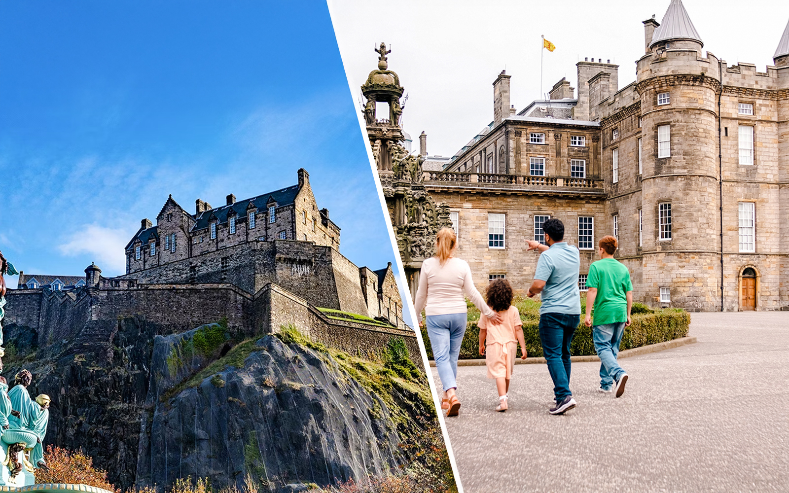 Visitors exploring the courtyard of the Palace of Holyroodhouse, Edinburgh.