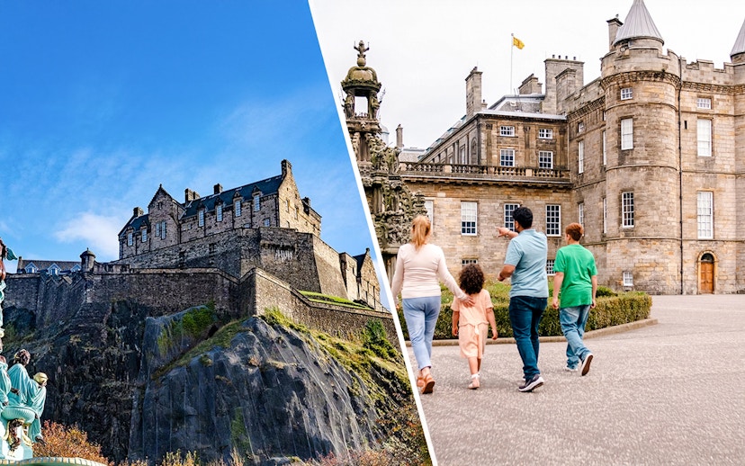 Visitors exploring the courtyard of the Palace of Holyroodhouse, Edinburgh.