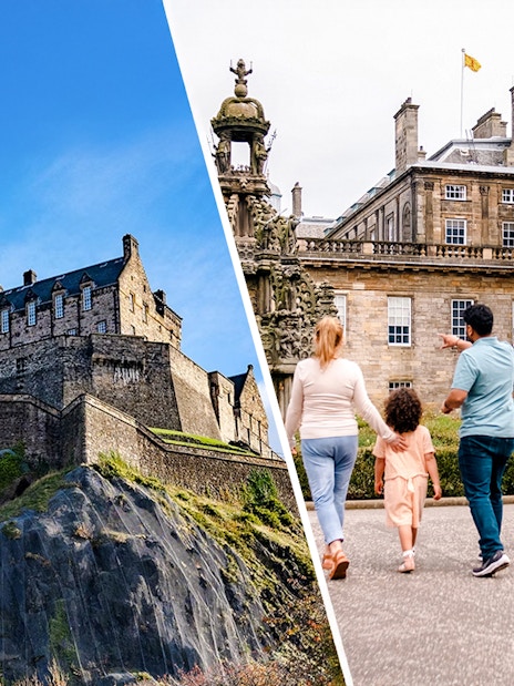Visitors exploring the courtyard of the Palace of Holyroodhouse, Edinburgh.