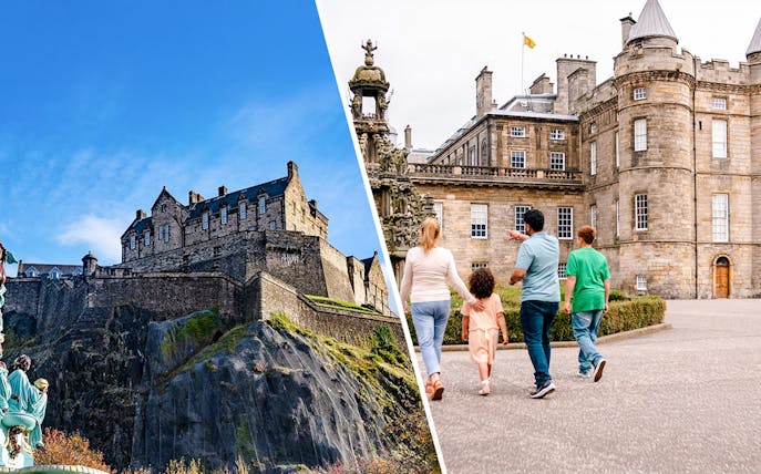 Visitors exploring the courtyard of the Palace of Holyroodhouse, Edinburgh.