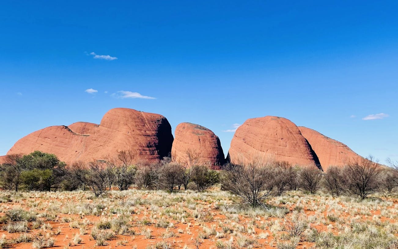 Kata Tjuta rock formations under clear blue sky in Australian Outback.