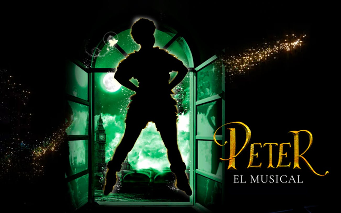 Silhouette of a character in front of a moonlit window with "Peter, El Musical" text.