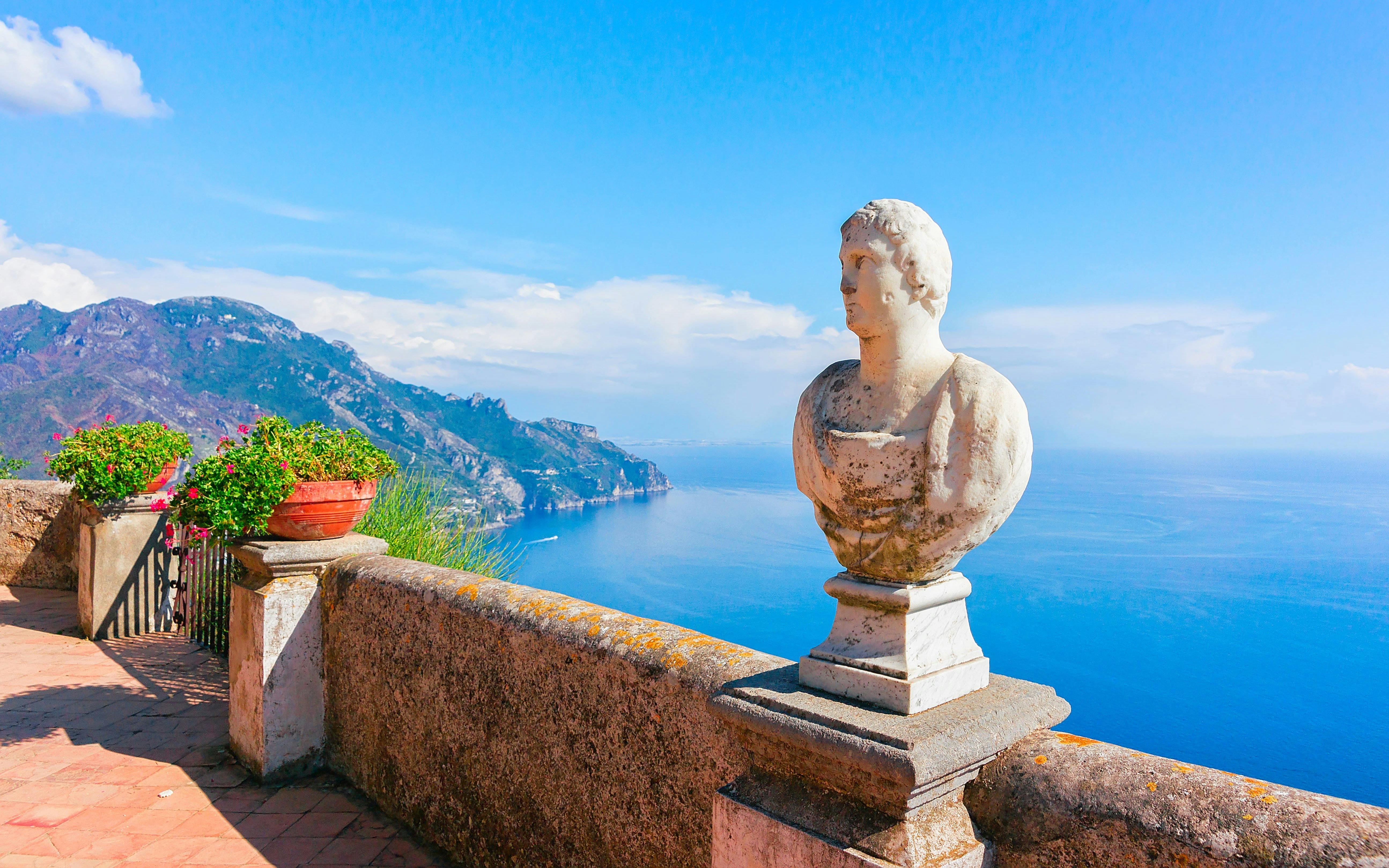 Bust statue overlooking Amalfi Coast from Terrace of Infinity, Ravello.