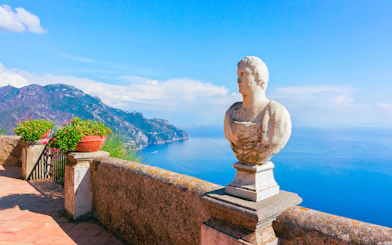Bust statue overlooking Amalfi Coast from Terrace of Infinity, Ravello.